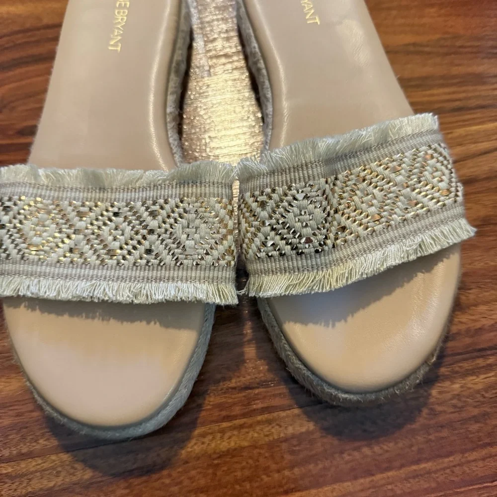 Lane Bryant Size 9W Ivory Gold Woven Fringe Slide Sandals Wide Width Boho